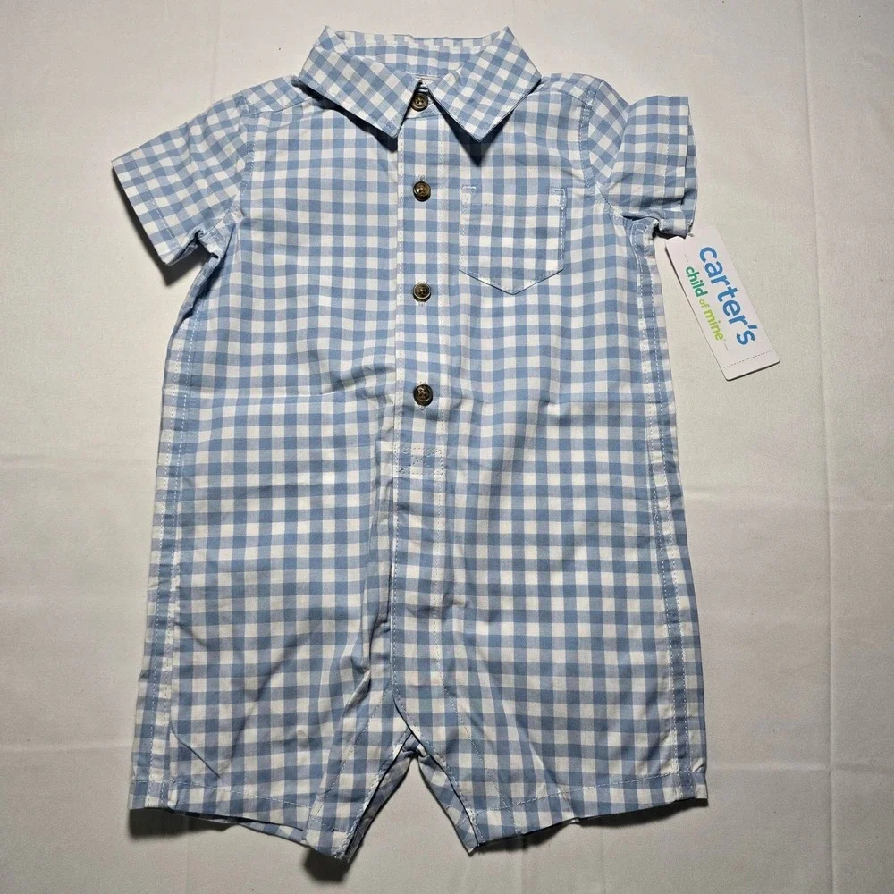 Carters Baby Boy 3-6 Blue White Gingham Button Front Romper Outfit NWT